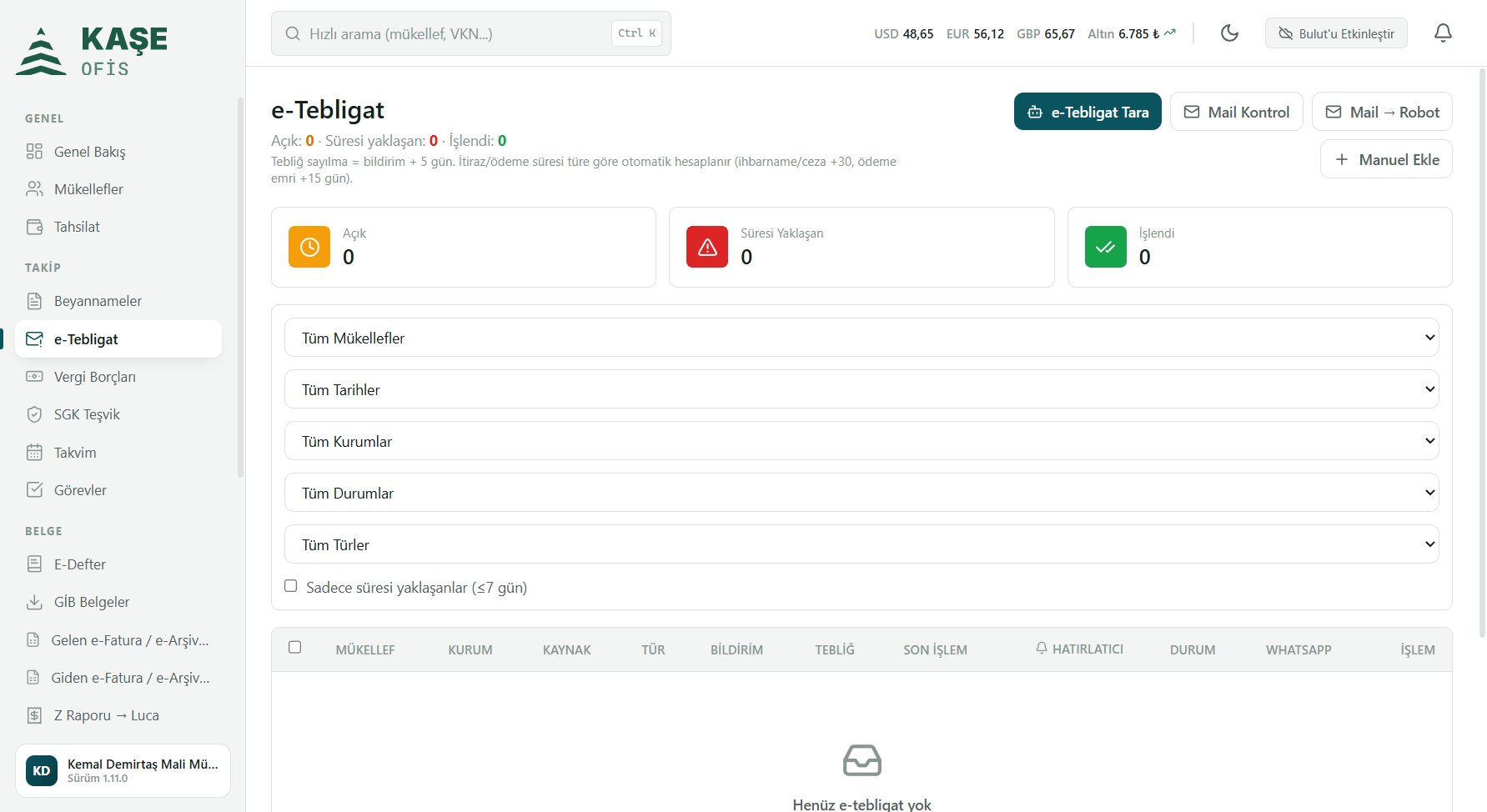 e-Tebligat listesi, tebligat satırları ve işlem düğmeleri