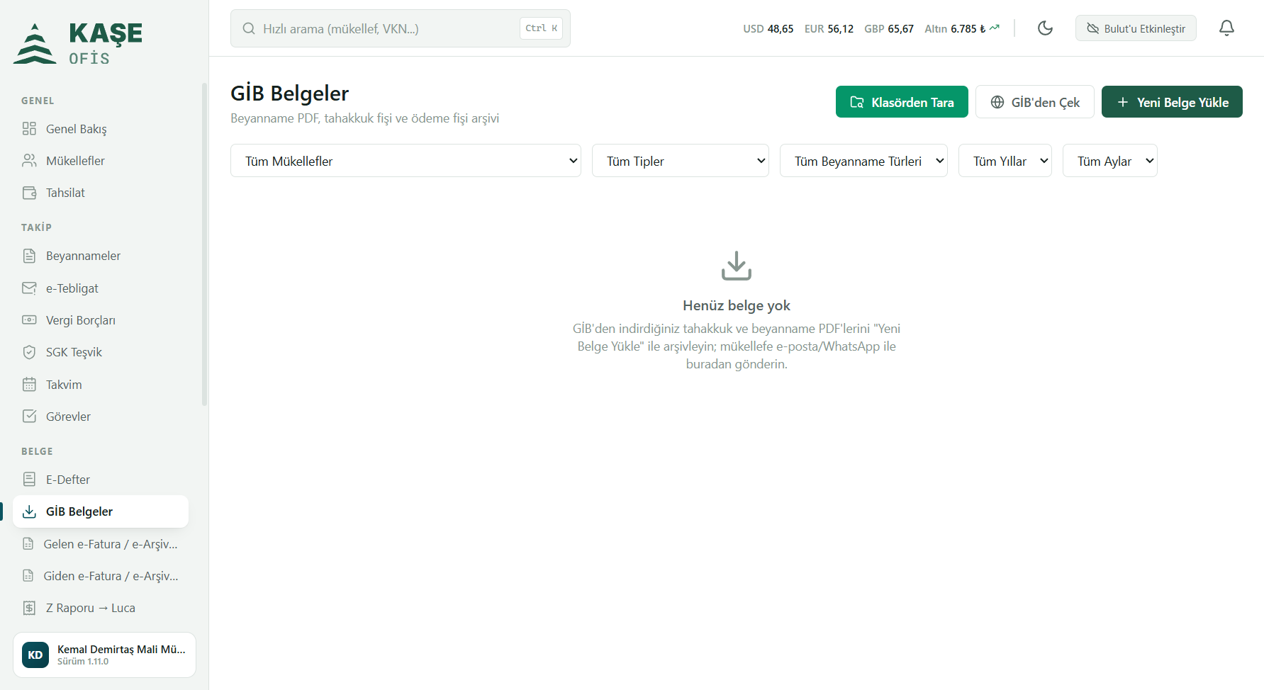 GİB Belgeler ekranı ve üç aktarım düğmesi