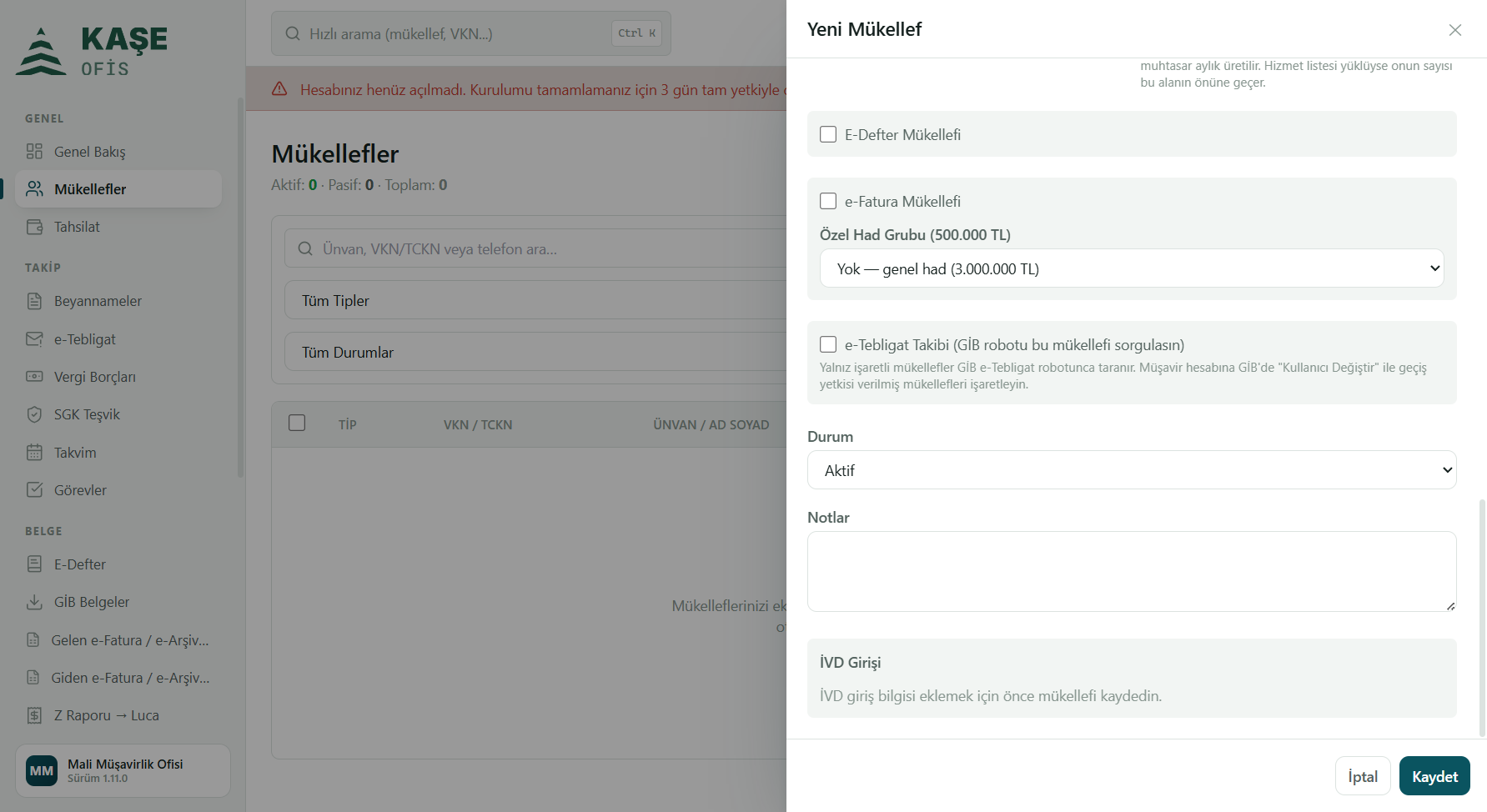 Yükümlülük kutuları, defter sınıfı ve e-Tebligat Takibi seçeneği